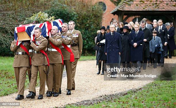 Charles Wellesley, 9th Duke of Wellington and other family members follow soldiers of the 1st Battalion The Yorkshire Regiment carrying the coffin...
