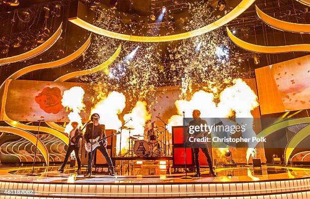 Musicians Joe Trohman, Patrick Stump, Andy Hurley and Pete Wentz of Fall Out Boy perform onstage at The 41st Annual People's Choice Awards at Nokia...