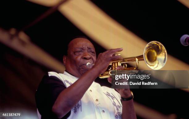 Musician Dave Bartholomew on stage at New Orleans Jazz Festival, 1999.