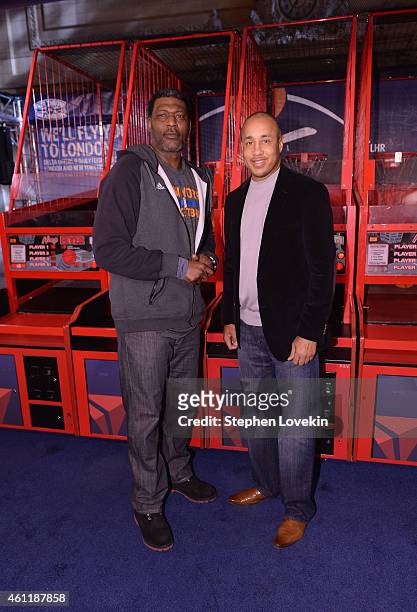 New York Knicks Legends Larry Johnson and John Starks participate as Delta Air Lines hosts the "Free Throw To Heathrow" event celebrating the New...