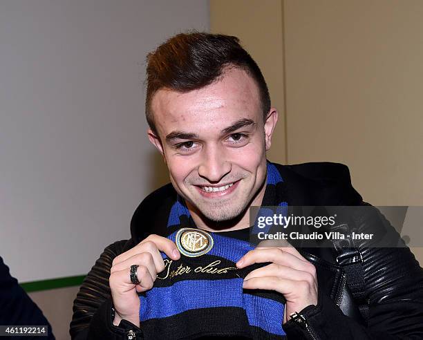 Xherdan Shaqiri, who is set to join F.C. Internazionale Milano, arrives at Malpensa Airport on January 8, 2015 in Milan, Italy.