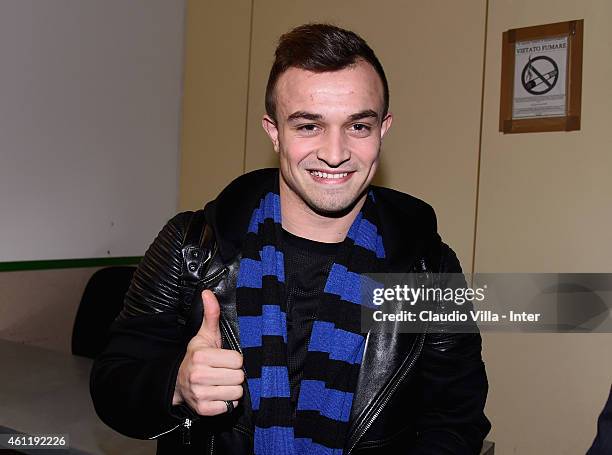 Xherdan Shaqiri, who is set to join F.C. Internazionale Milano, arrives at Malpensa Airport on January 8, 2015 in Milan, Italy.