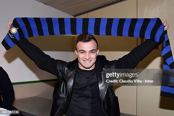 Xherdan Shaqiri, who is set to join F.C. Internazionale Milano, arrives at Malpensa Airport on January 8, 2015 in Milan, Italy.