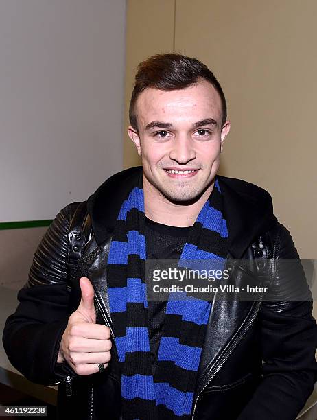 Xherdan Shaqiri, who is set to join F.C. Internazionale Milano, arrives at Malpensa Airport on January 8, 2015 in Milan, Italy.