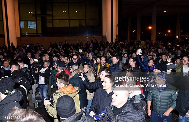 Fans gather to greet Xherdan Shaqiri, who is set to join F.C. Internazionale Milano, arrives at Malpensa Airport on January 8, 2015 in Milan, Italy.