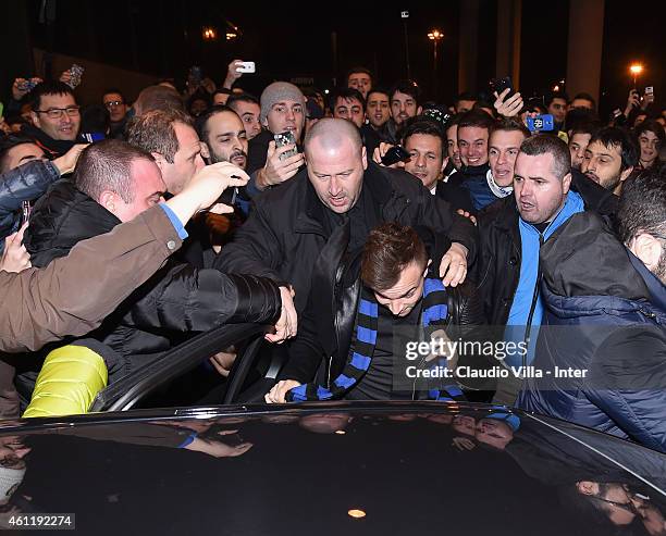 Xherdan Shaqiri, who is set to join F.C. Internazionale Milano, arrives at Malpensa Airport on January 8, 2015 in Milan, Italy.