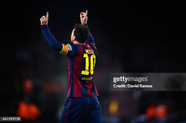 Lionel Messi of FC Barcelona celebrates after scoring his team's third goalduring the Copa del Rey Round of 16 First Leg match between FC Barcelona...