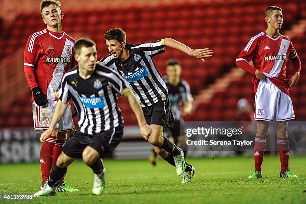 Daniel Barlaser of Newcastle celebrates after scoring Newcastle's second goal during the FA Youth Cup Round 4 match between Middlesbrough and...
