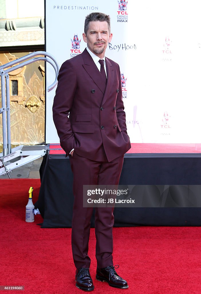 Ethan Hawke Places Handprints-Footprints In Cement At TCL Chinese Theatre