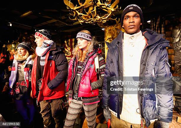 Models presenting the AW15 collection at the Superdry and British Fashion Council London Collections: Men Official Launch Event at Superdry on...