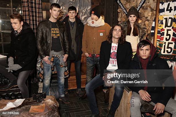 Models attends the Superdry & British Fashion Council official launch event for the London Collections: Men AW15 at Superdry on January 8, 2015 in...