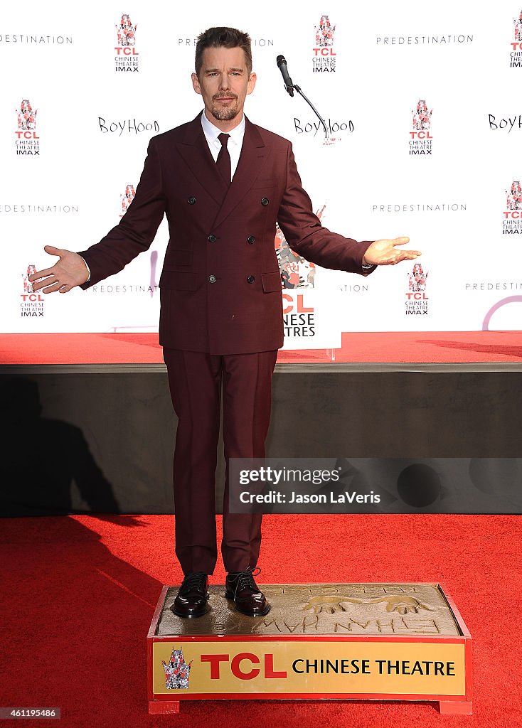 Ethan Hawke Places Handprints-Footprints In Cement At TCL Chinese Theatre