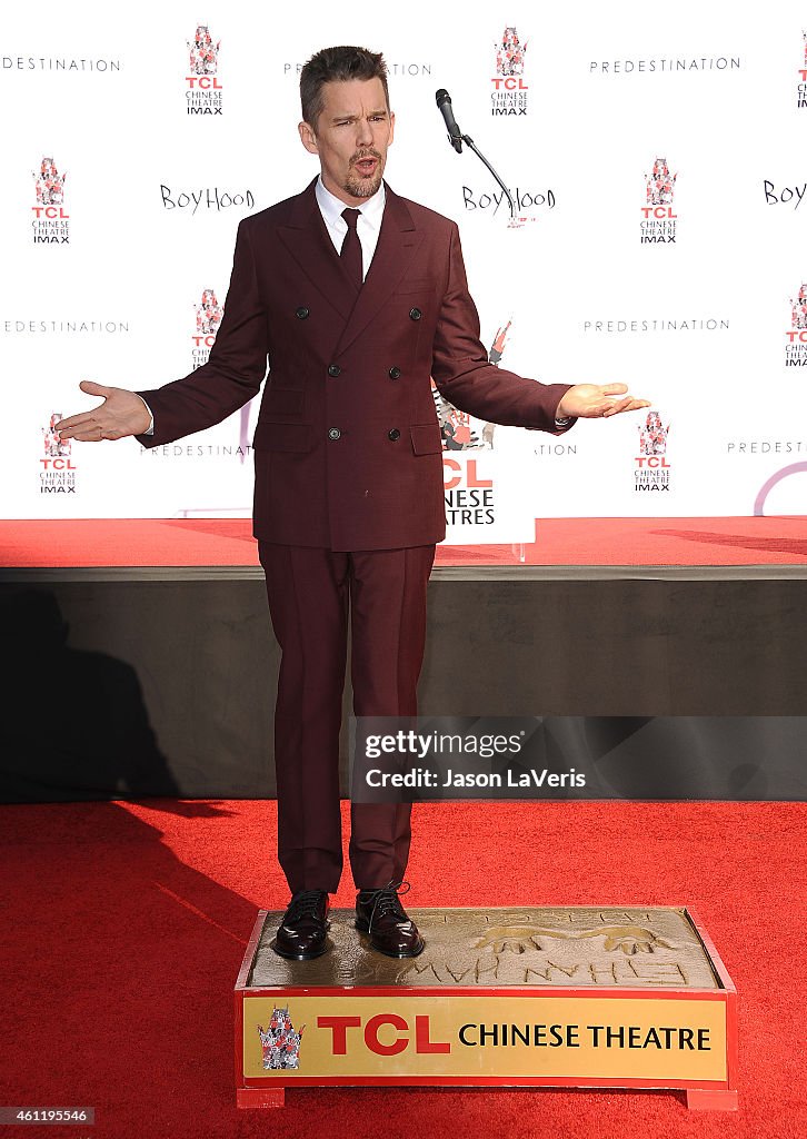 Ethan Hawke Places Handprints-Footprints In Cement At TCL Chinese Theatre