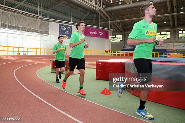 Christoph Kramer, Max Kruse and Julian Korb attends a lactate acid test during a Borussia Moenchengladbach team performance test at...