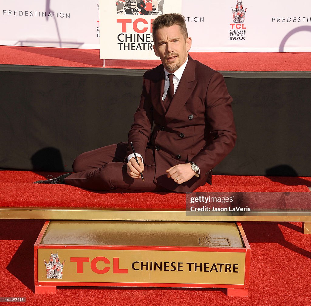 Ethan Hawke Places Handprints-Footprints In Cement At TCL Chinese Theatre