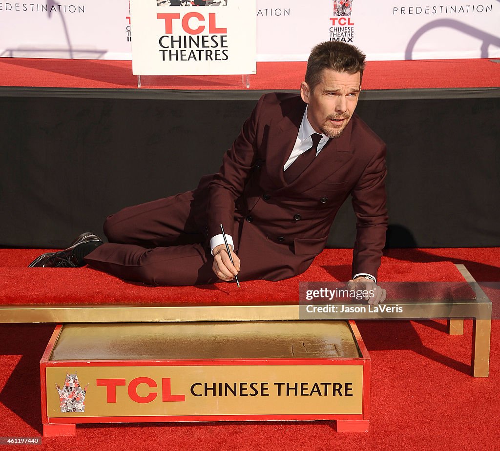 Ethan Hawke Places Handprints-Footprints In Cement At TCL Chinese Theatre