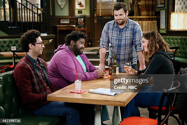 Japanese Businessman Walks Into a Bar" Episode 201 -- Pictured: Rick Glassman as Burski, Ron Funches as Shelly, David Fynn as Brett, Bianca Kajlich...