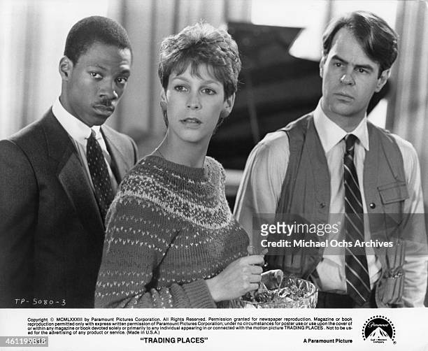 Eddie Murphy, Jamie Lee Curtis and Dan Aykroyd in a scene from the Paramount Pictures movie 'Trading Places' in 1983 in New York City, New York.