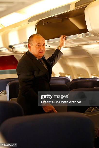 Keep Calm and Carry On" - Captain Jim Brass opens a bin on the plane where one person was found dead after a petty crime was reported, on CSI: CRIME...