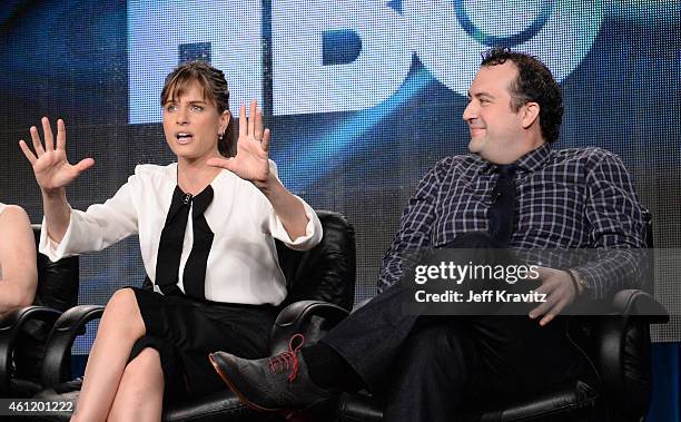 Actors Amanda Peet and Steve Zissis speak onstage during "Togetherness" panel as part of the 2015 HBO Winter Television Critics Association press...