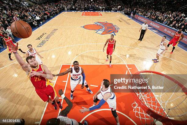 Donatas Motiejunas of the Houston Rockets shoots against the New York Knicks on January 8, 2015 at Madison Square Garden in New York City. NOTE TO...