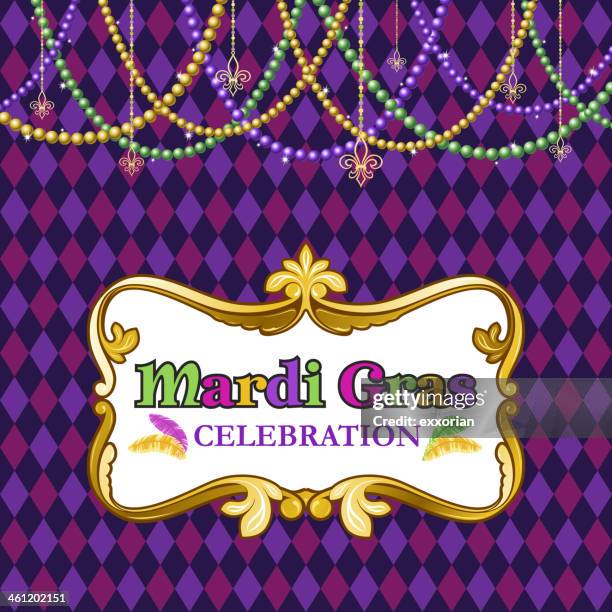 mardi gras celebration poster with beads and diamond pattern - feather background stock illustrations