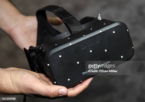 The Oculus VR Crescent Bay Headset prototype is displayed at the 2015 International CES at the Las Vegas Convention Center on January 8, 2015 in Las...