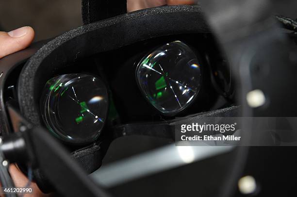 The Oculus VR Crescent Bay Headset prototype is displayed at the 2015 International CES at the Las Vegas Convention Center on January 8, 2015 in Las...