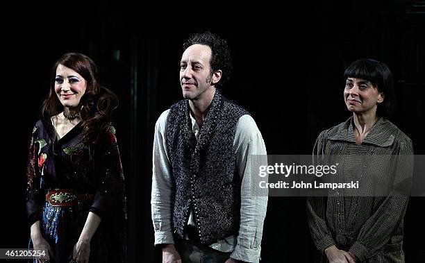 Clea Lewis, Joey Slotnick and Jeanine Serralles onstage during the opening night curtain call for "Dying For It" at The Linda Gross Theater on...
