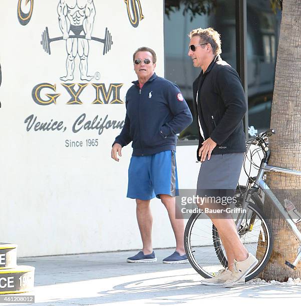 Arnold Schwarzenegger and Ralf Moller are seen on January 08, 2015 in Santa Monica, California.