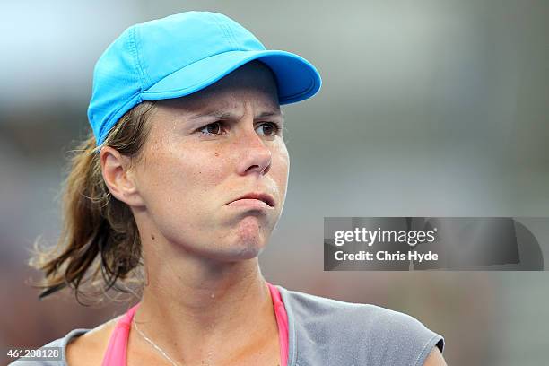 Varvara Lepchenko of the USA looks on in her match against Ana Ivanovic of Serbia during day six of the 2015 Brisbane International at Pat Rafter...