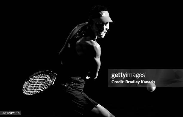 Ana Ivanovic of Serbia plays a backhand in her match against Varvara Lepchenko of the USA during day six of the 2015 Brisbane International at Pat...