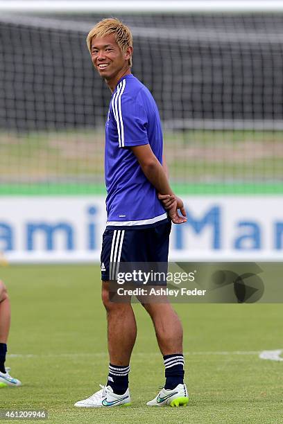 Tsukasa Shiotani of Japan warms up during a Japan 2015 Asian Cup training session on January 9, 2015 in Newcastle, Australia.