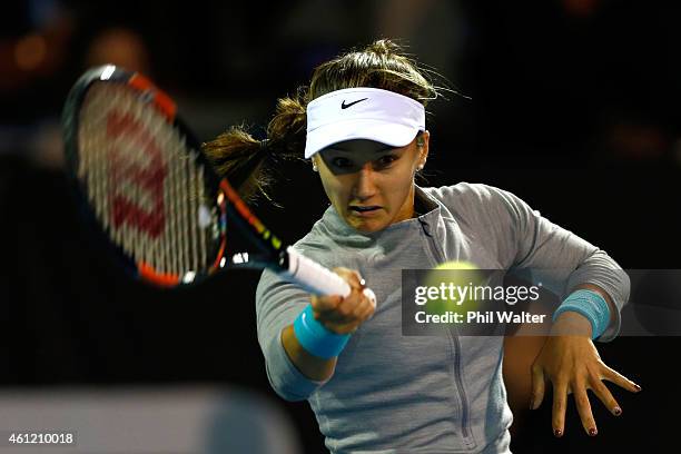 Lauren Davis of the USA plays a forehand in her semifinal match against Venus Williams of the USA during day five of the 2015 ASB Classic at ASB...