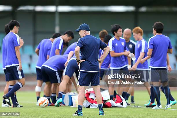 Head Coach Javier Aguirre of Japan talks to his team during a Japan 2015 Asian Cup training session on January 9, 2015 in Newcastle, Australia.