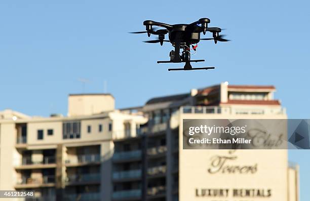 Ghost drone by EHang flies at the 2015 International CES outside the Las Vegas Convention Center on January 8, 2015 in Las Vegas, Nevada. The Ghost...