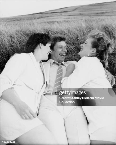 Actors Siobhan Finneran, George Costigan and Michelle Holmes; in a scene from the film 'Rita, Sue and Bob Too!', 1987.