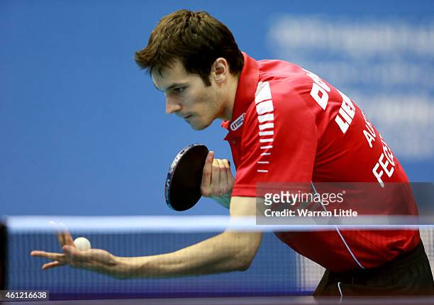 Stefan Fegerl of Austria in action against Omar Assar of Egypt during day two of the 2015 ITTF World Team Cup at Al Nasr Sports Club on January 9,...