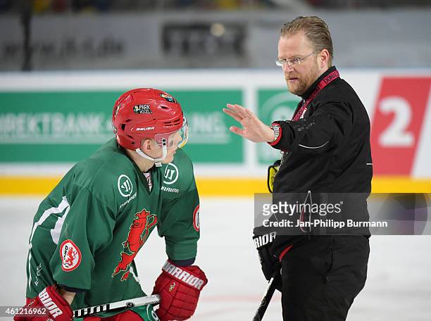 Alexander Preibisch and coach Christof Kreutzer of the Duesseldorfer EG during training on January 9, 2015 in Duesseldorf, Germany.