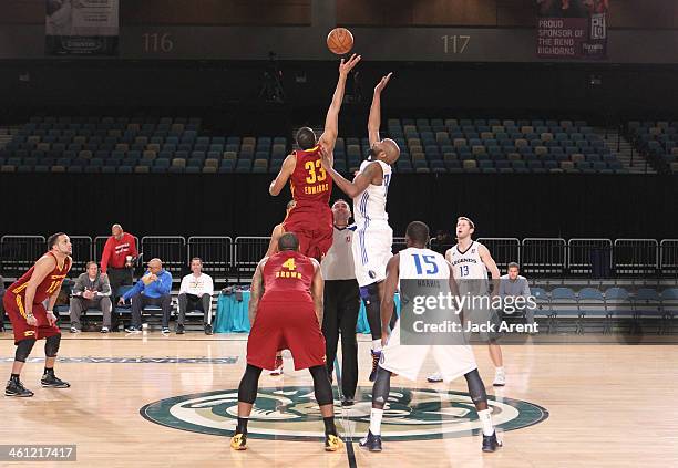 Shane Edwards of the Canton Charge jumps to obtain the ball against Melvin Ely of the Texas Legends during the 2014 NBA D-League Showcase presented...