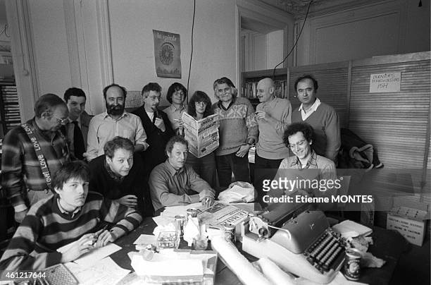 The editorial staff of 'Charlie Matin' newspaper with Gebe, Georges Wolinski, Francois Cavanna, Professeur Choron and Cabu in France on March 15,...