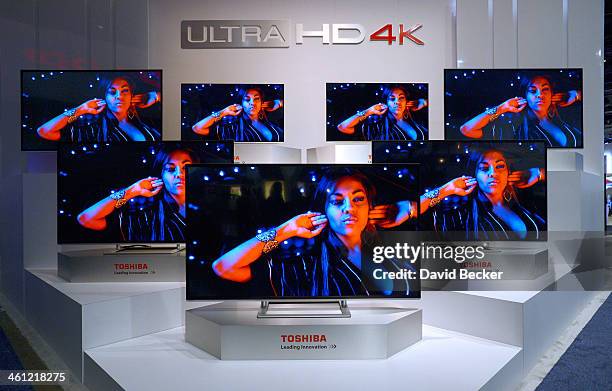 Toshiba Ultra HD 4K televisions are on display at the Toshiba booth at the 2014 International CES at the Las Vegas Convention Center on January 7,...