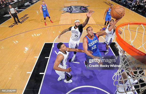 Evan Turner of the Philadelphia 76ers shoots a layup against the Sacramento Kings on January 2, 2014 at Sleep Train Arena in Sacramento, California....