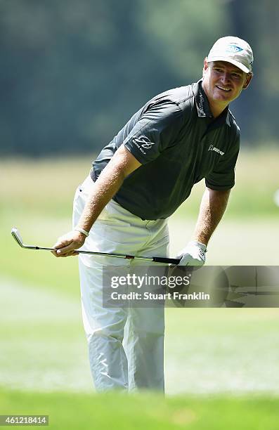 Ernie Els of South Africa watches a shot during the second round of the South African Open at Glendower Golf Club on January 9, 2015 in Johannesburg,...