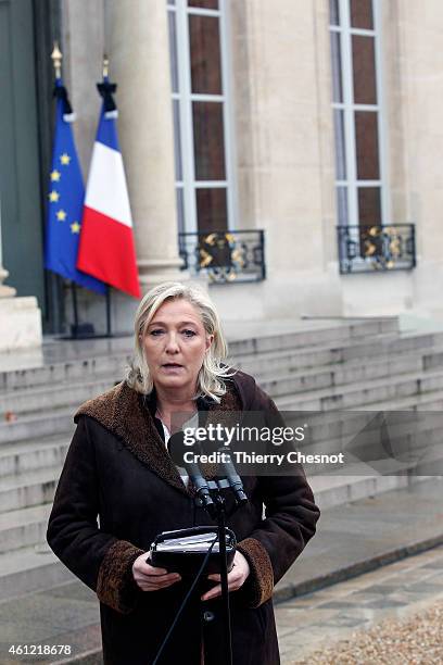 French far-right National Front leader Marine Le Pen talks to the media after a meeting with French President, Francois Hollande.Two days after a...