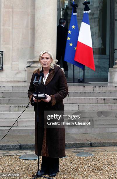 French far-right National Front leader Marine Le Pen talks to the media after a meeting with French President, Francois Hollande.Two days after a...