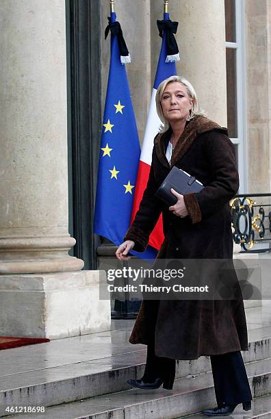 French far-right National Front leader Marine Le Pen arrives at the Elysee Palace on January 9, 2015 in Paris, France to meet with French President,...