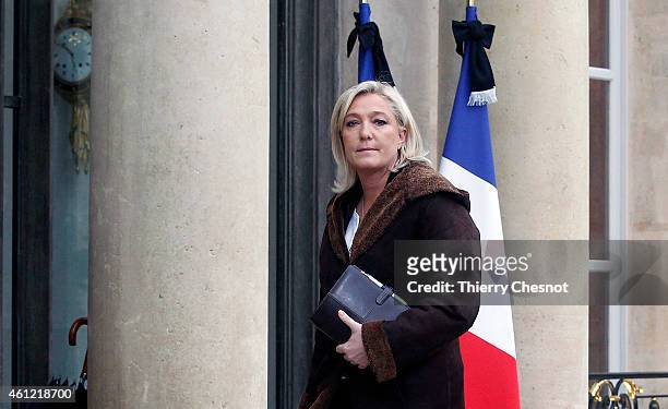 French far-right National Front leader Marine Le Pen arrives at the Elysee Palace on January 9, 2015 in Paris, France to meet with French President,...