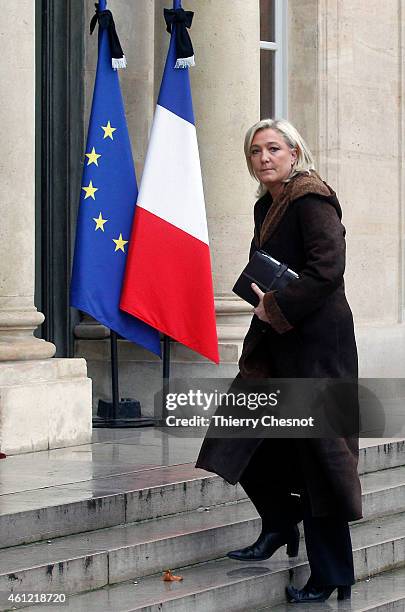 French far-right National Front leader Marine Le Pen arrives at the Elysee Palace on January 9, 2015 in Paris, France to meet with French President,...