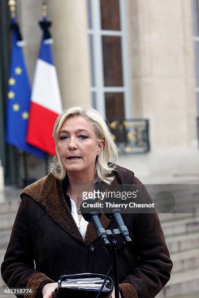 French far-right National Front leader Marine Le Pen talks to the media after a meeting with French President, Francois Hollande.Two days after a...